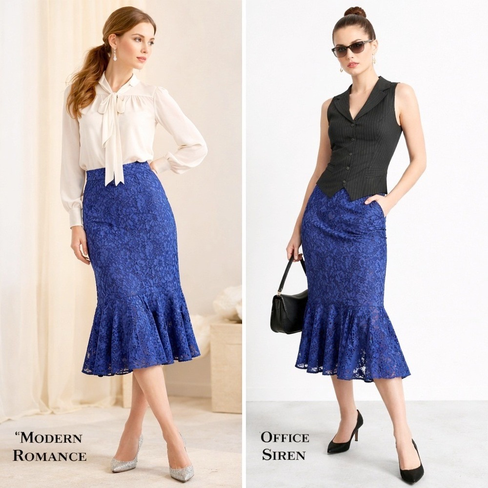 J. Crew 8 Tall Blue Lace Midi Skirt‎ Flounce Hem Mermaid Trumpet Office Siren 8T